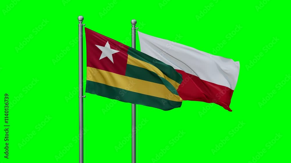 Poland and Togo flags flying together, video concept of the relationship with colored chroma key for easy background remove, two country cooperation concept Poland and Togo flags flying together, video concept of the relationship with colored chroma key for easy background remove, two country cooperation concept