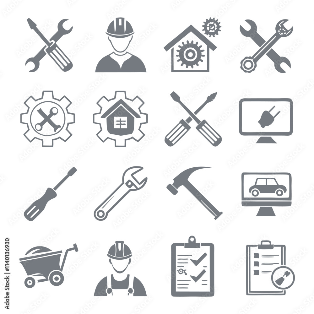 Obraz premium Minimalistic Repair and Maintenance Silhouette Icons Set Collection
