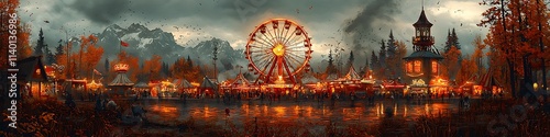 Haunted carnival with creepy clowns and eerie rides  photo