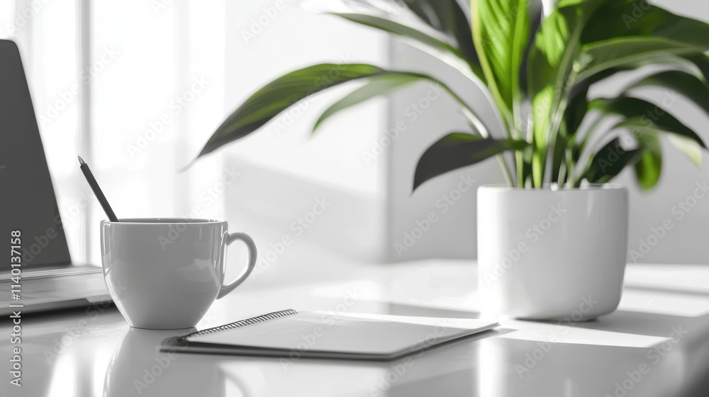 Person Sitting at Desk Writing in Planner with Coffee and Plant in Bright Minimalist Office Space Person Sitting at Desk Writing in Planner with Coffee and Plant in Bright Minimalist Office Space