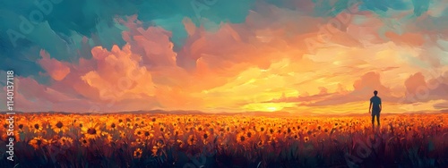 Sunflower field at sunset, an impressionist-style painting, with warm colors and soft brushstrokes, depicting the golden hues of sunflowers against an open sky