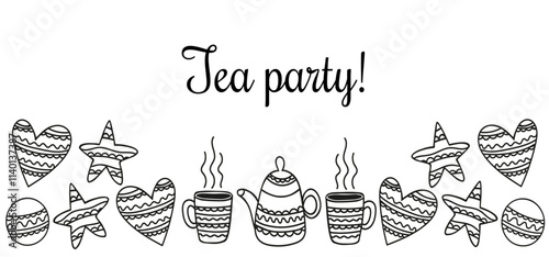 Teapot with mugs and cookies of different shapes black outline on white background in doodle style illustration with text. Postcard, banner, flyer, invitation to tea party. Dishes and cookies.
