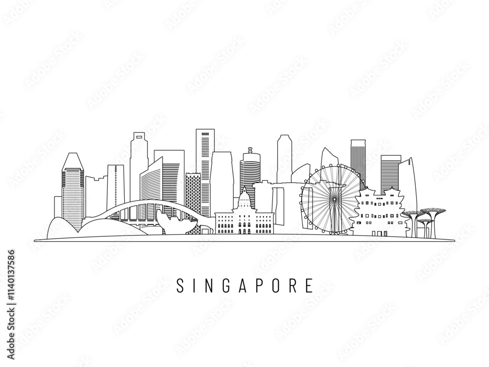 Naklejka premium Detailed Singapore skyline vector illustration. Singapore buildings in line art style, perfect for modern designs.