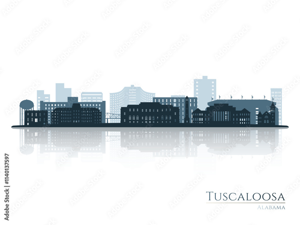 Naklejka premium Tuscaloosa skyline silhouette with reflection. Landscape Tuscaloosa, Alabama. Vector illustration.