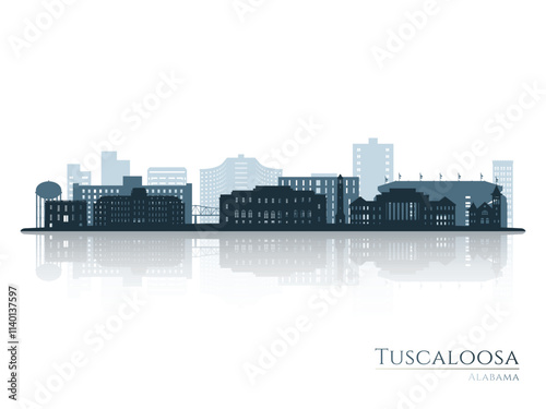 Tuscaloosa skyline silhouette with reflection. Landscape Tuscaloosa, Alabama. Vector illustration.