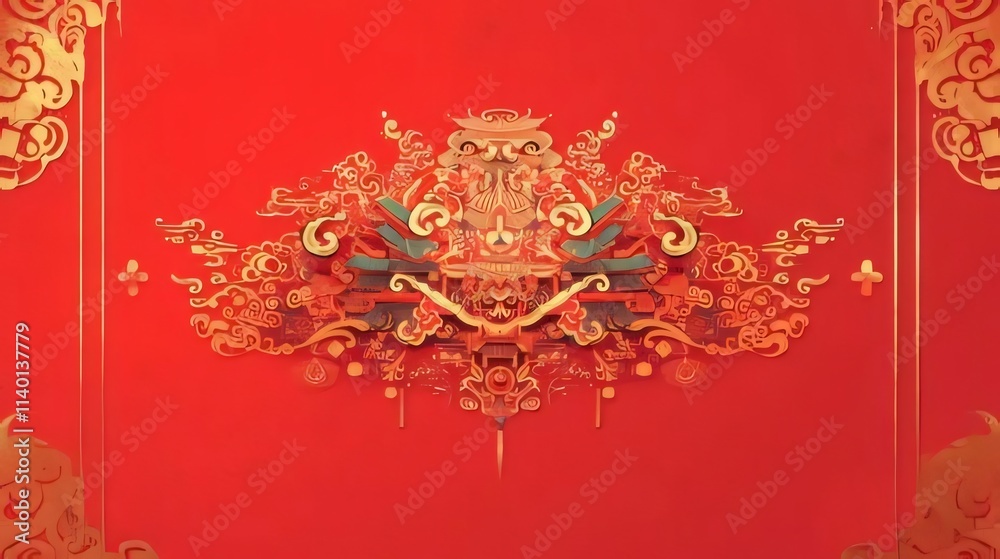 Intricate gold Chinese-style design on red background. Intricate gold Chinese-style design on red background.
