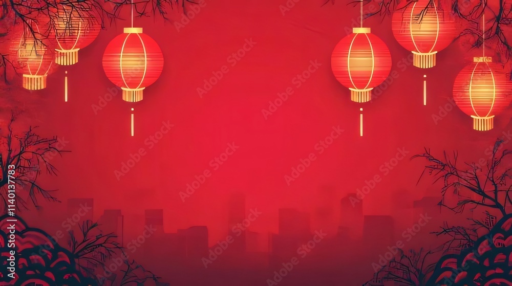 Red lanterns hang against a cityscape backdrop. Red lanterns hang against a cityscape backdrop.