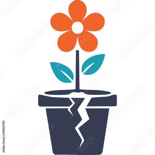 Blooming despite broken pot. Vibrant flower thriving in a cracked pot; resilience, strength, and overcoming adversity.