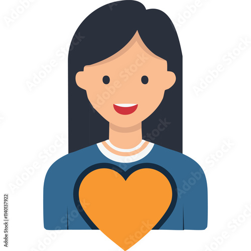 Happy woman heart icon. Smiling woman with heart; love, kindness, compassion, care, empathy, affection, warmth, and positive emotions.