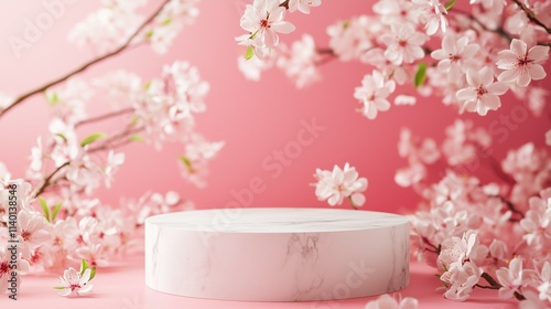 White marble stone podium product display with blossom flowers on pink background photo