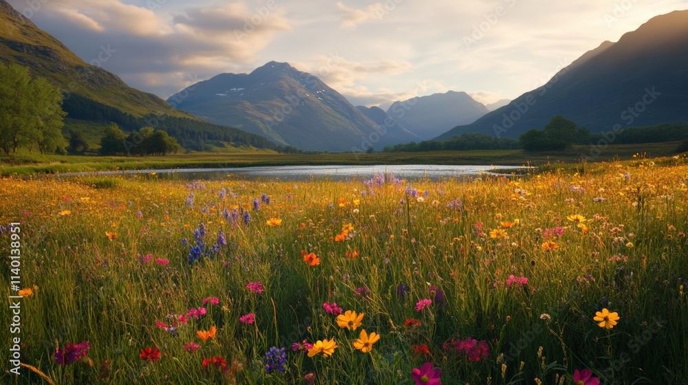 Breathtaking landscape with vibrant flowers and serene lake surrounded by majestic mountains at sunset Breathtaking landscape with vibrant flowers and serene lake surrounded by majestic mountains at sunset