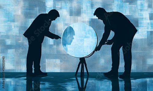 Two businessmen examine a digital profile projected onto a circular screen, symbolizing data analysis and identity.