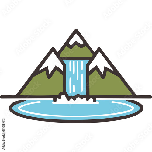 Mountain waterfall scene. Serene landscape; cascading water flows from mountain peaks into a tranquil lake. Represents peace, nature's beauty.