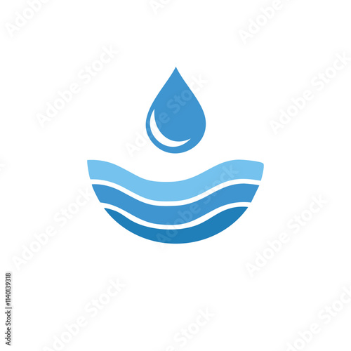 Water drop wave logo. Blue water droplet above waves symbolizes purity, freshness, and hydration. Perfect for eco or health brands.