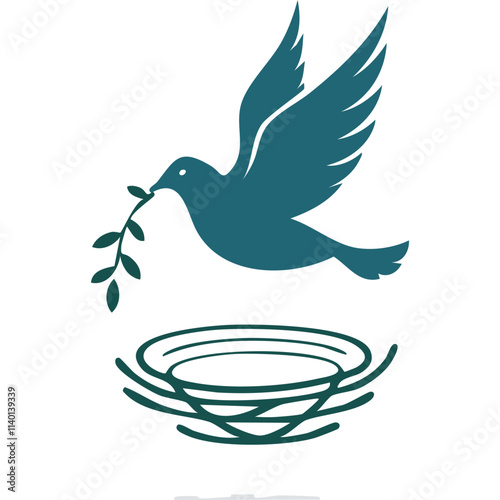 Dove peace branch nest. Serene dove carrying olive branch, symbolizes peace, hope, new beginnings, returning home.