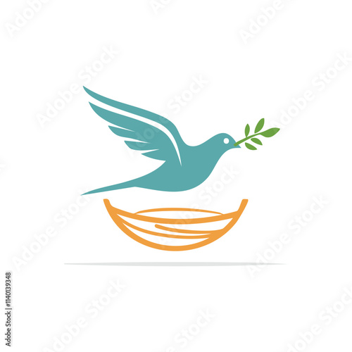 Dove peace branch nest. Hope, new beginnings, peace symbol.  A dove carrying an olive branch flies above its nest.