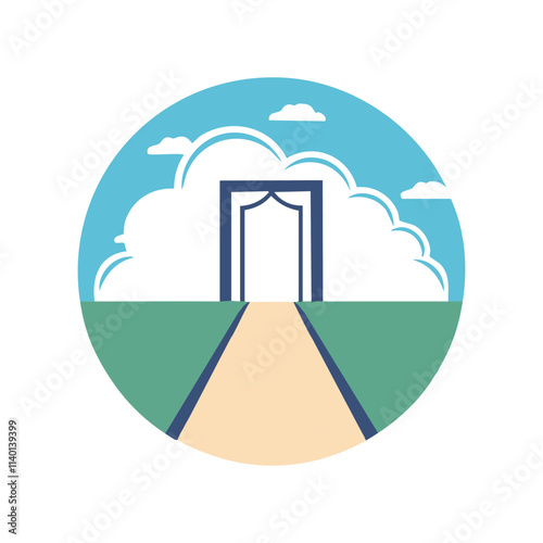 Heavenly gateway path. Path leading to open gate in clouds; symbolizes hope, new beginnings, journey, and spiritual ascension.