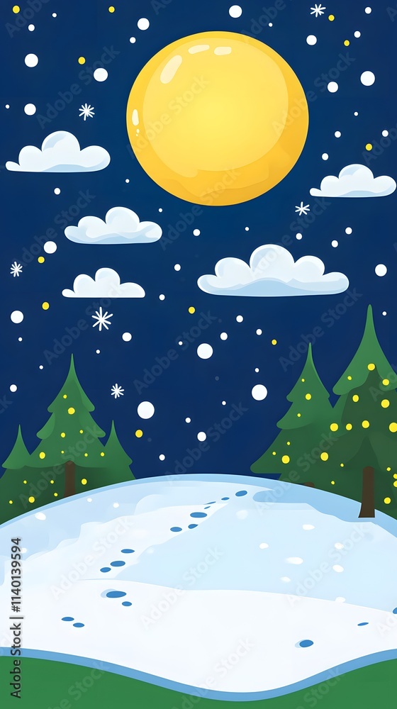 Naklejka premium Starry sky, moonlight shining on the snowy ground, flat illustration style, simple background, cartoon style, vector graphics