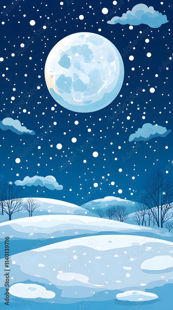 Naklejka premium Starry sky, moonlight shining on the snowy ground, flat illustration style, simple background, cartoon style, vector graphics