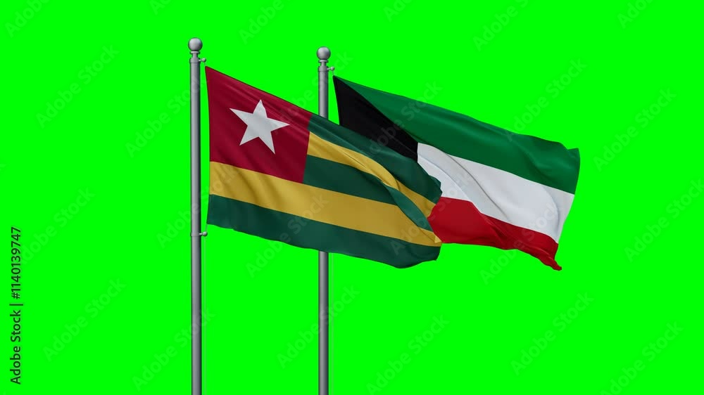 Kuwait and Togo flags flying together, video concept of the relationship with colored chroma key for easy background remove, two country cooperation concept Kuwait and Togo flags flying together, video concept of the relationship with colored chroma key for easy background remove, two country cooperation concept