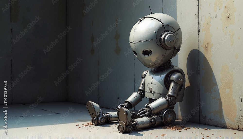 Fototapeta premium Melancholic Robot Sitting Alone in Industrial Corner