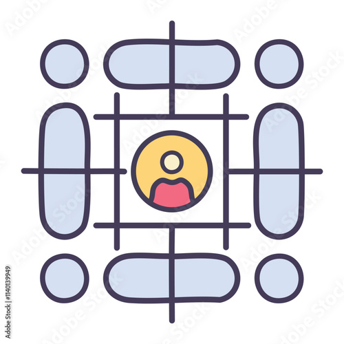Person centered network. Visual representation of a central individual connected within a large network; symbolizes community, collaboration, and influence.