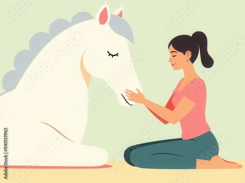 A girl sits next to a white horse in a serene setting, enjoying a gentle moment of connection and friendship. Natural horsemenship relations and horse care concept photo