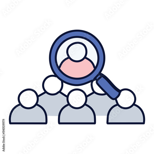 Find ideal candidate. Magnifying glass over person symbolizes talent search, ideal employee selection, and headhunting.