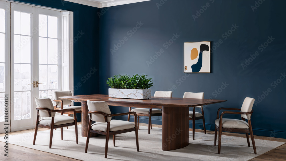 Fototapeta premium A sleek dining room featuring a blank navy blue wall, a walnut table with a built-in planter, fabric-seated chairs, and minimalist abstract art, creating a modern and elegant atmosphere