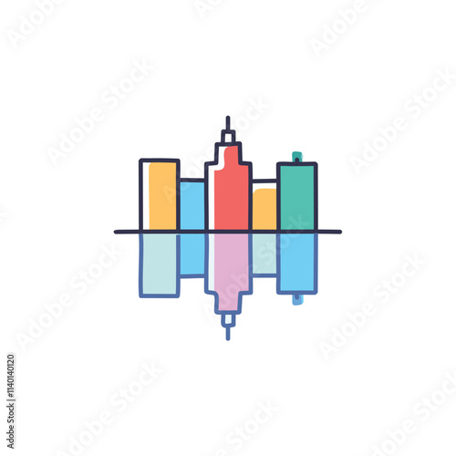 Cityscape reflection. Colorful urban skyline mirrored in water, symbolizing balance and duality.  Vibrant architecture.