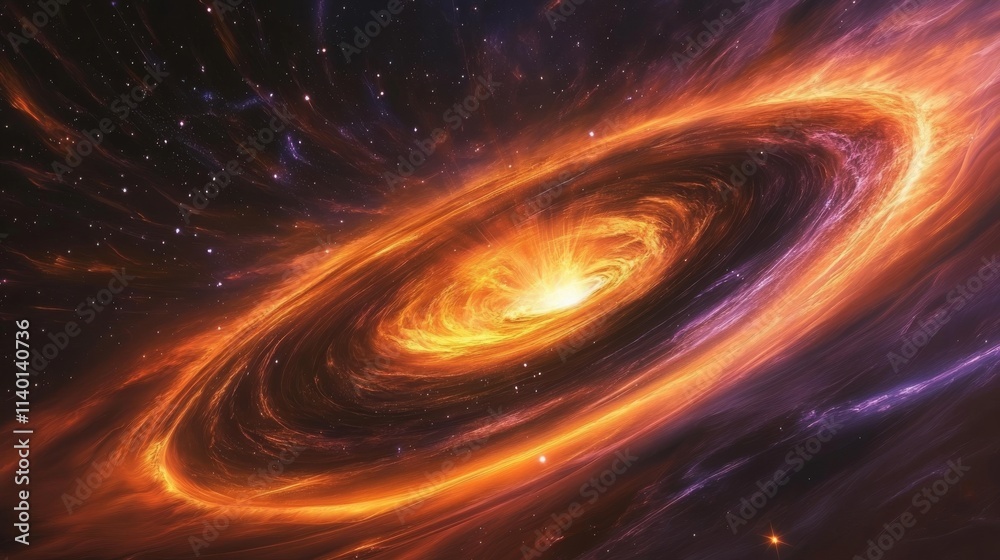 Obraz premium A mysterious and powerful outer space scene featuring a glowing black hole surrounded by swirling orange and purple light, with streaks of stars being pulled into the vortex, 16:9