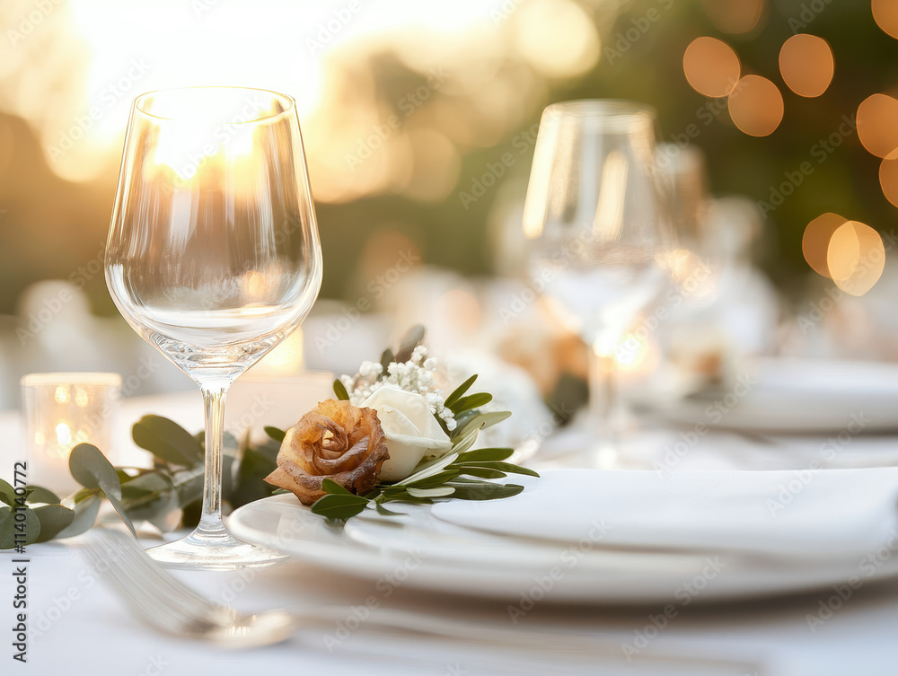 Elegant table setting for wedding dinner featuring wine glasses, floral decor, and soft lighting, creating romantic atmosphere for guests to enjoy
