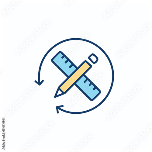 Design process icon. Pencil ruler symbol; continuous improvement, iterative design, precision, accuracy.