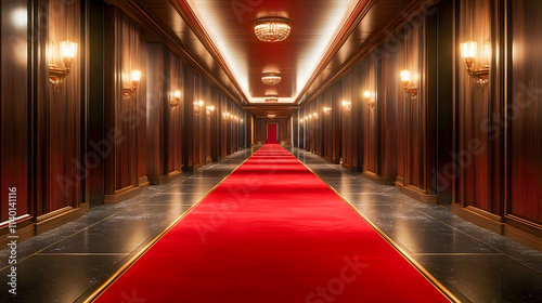 Red Carpet Hallway with Wooden Walls and Gold Accents 3D Illustration
