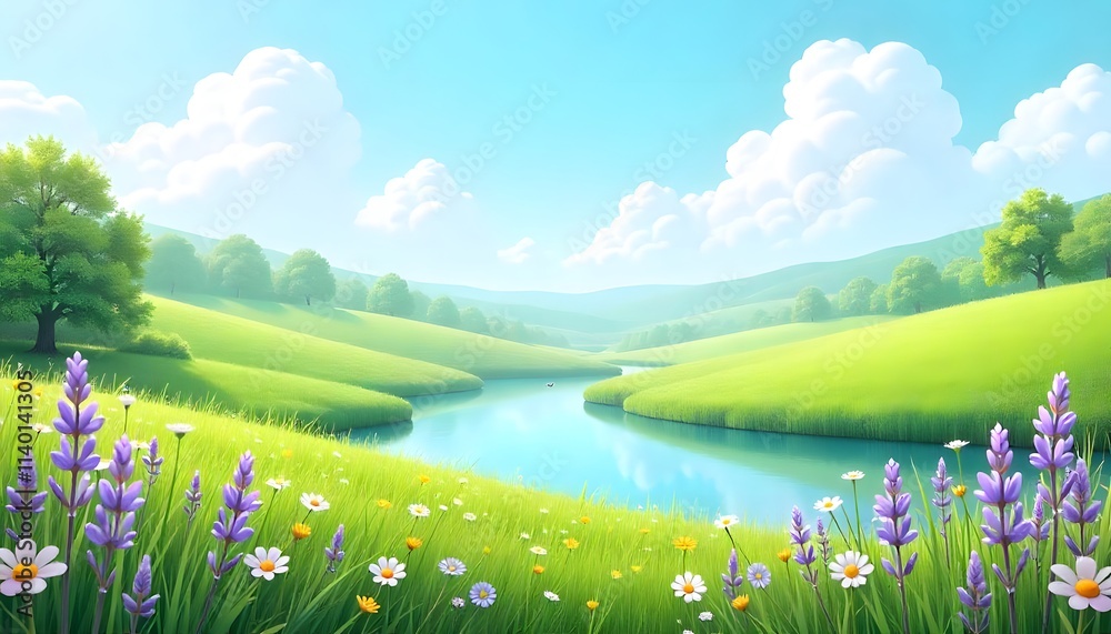 3D pastoral green hills with grass and flowers, trees with colorful flowers near the river lake under blue sky with clouds background. dreamy beautiful cartoon spring wallpaper. 3D pastoral green hills with grass and flowers, trees with colorful flowers near the river lake under blue sky with clouds background. dreamy beautiful cartoon spring wallpaper.