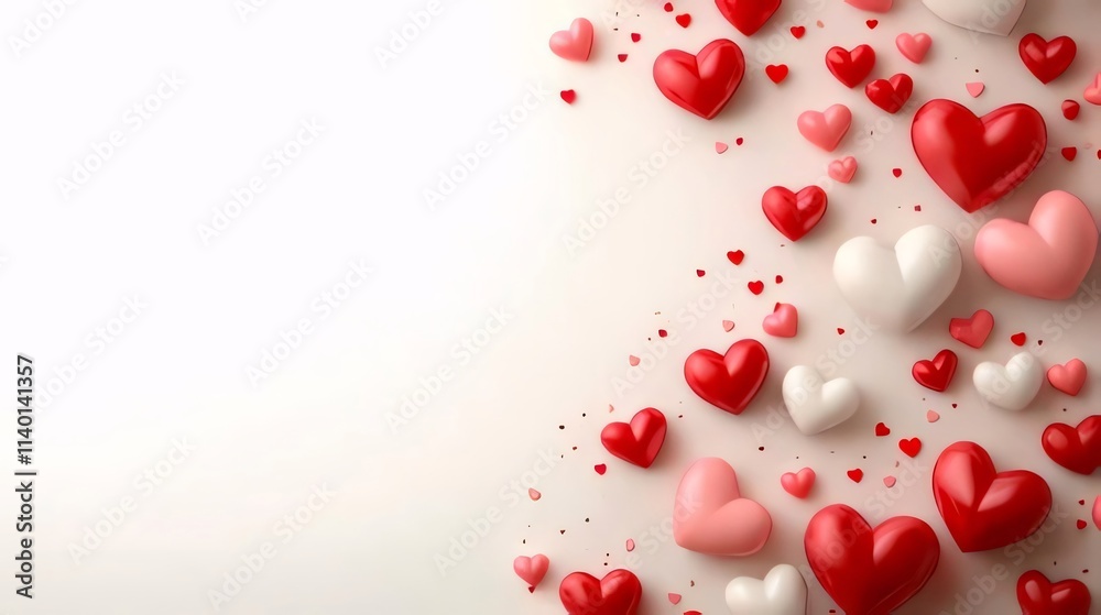 Red and white hearts scattered on white background. Red and white hearts scattered on white background.