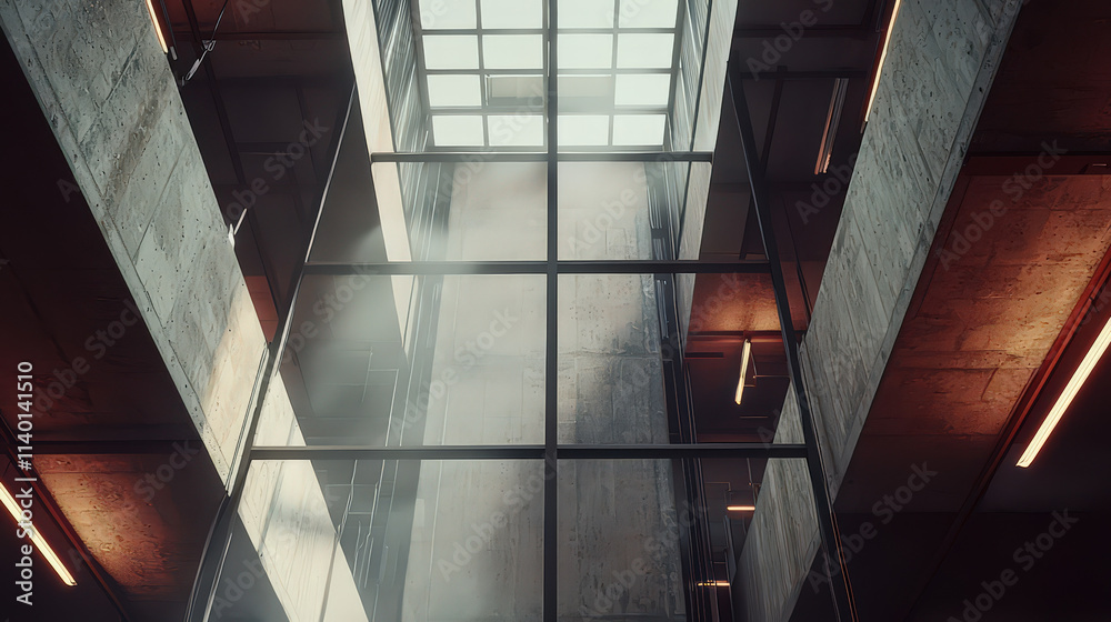 Fototapeta premium A modern architectural interior with glass and concrete, showcasing natural light and design.