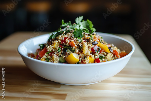 A Bowl of Organic Quinoa Salad with Colorful Vegetables. photo