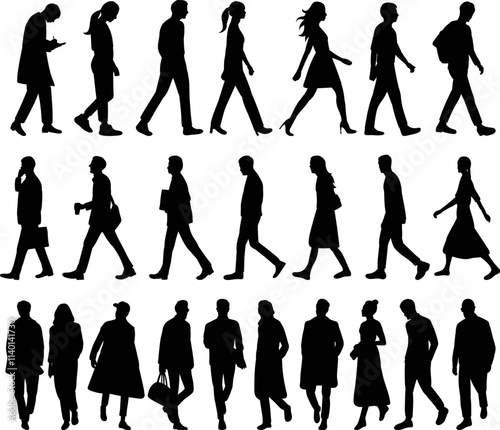 set of people walking silhouette on white background, vector