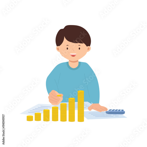 Illustration of young boy counting coins