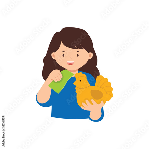 Girl saving money on chicken saving bank illustration