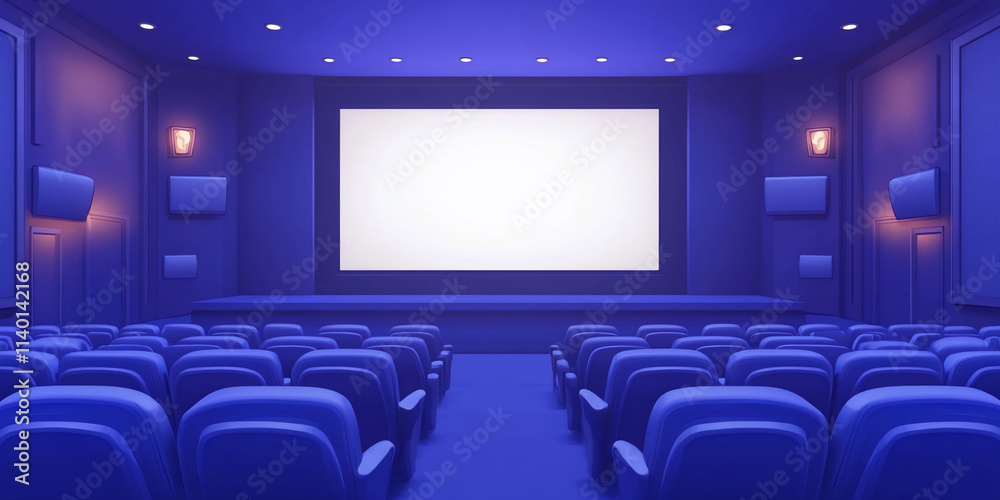 A blue-themed cinema interior with empty seating. A blue-themed cinema interior with empty seating.