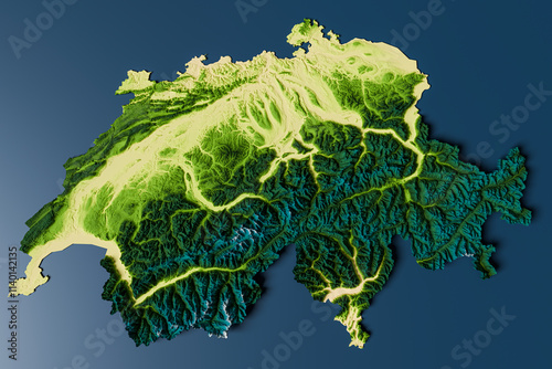 Obraz na plátně Colorized and rendered relief map of Switzerland, top down view - Data by Federa