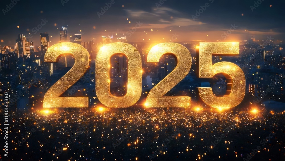 Glittering 2025 over cityscape at night. Glittering 2025 over cityscape at night.