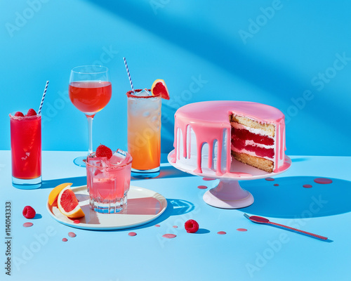 Food concept with fruit birthday cake and cocktails on pastel blue background.