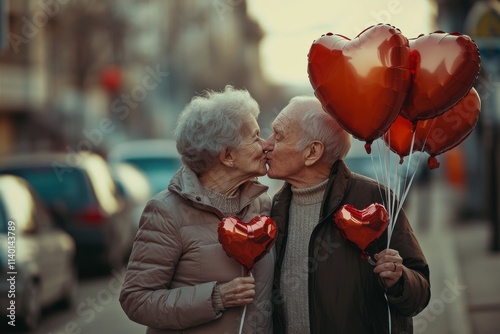 elderly couple kissing and holding heart-shaped red balloons, Valentine's Day concept 