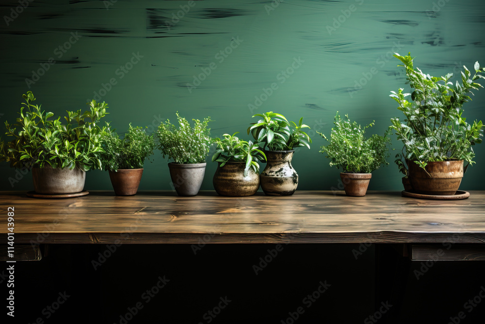 Various green potted plants sit on a rustic wooden table against a textured green wall, creating a natural and calming indoor scene. Various green potted plants sit on a rustic wooden table against a textured green wall, creating a natural and calming indoor scene.