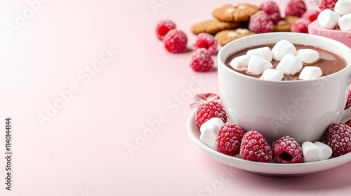 Close-up of cozy hot chocolate with marshmallows and raspberries