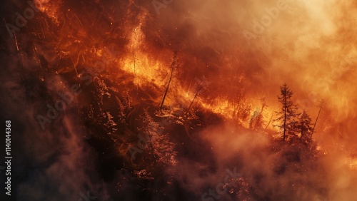 Fire in the forest, Wildfire Ravaging Forest Hillside with Intense Flames and Smoke, Concept of Nature’s Power and Fragility