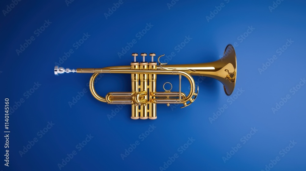 Obraz premium Golden trumpet on blue background music instrument showcase studio